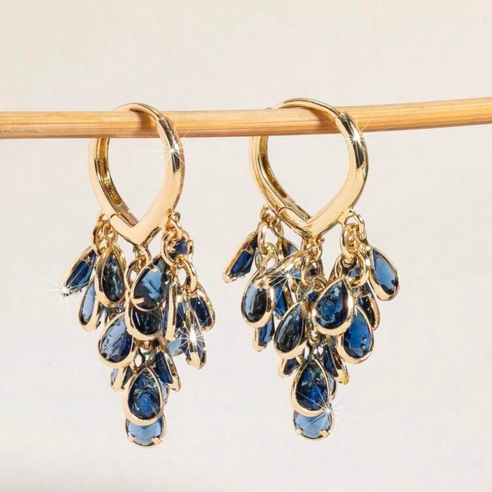 Gold and Blue Teardrop Cluster Hoop Earrings - Women Jewelry